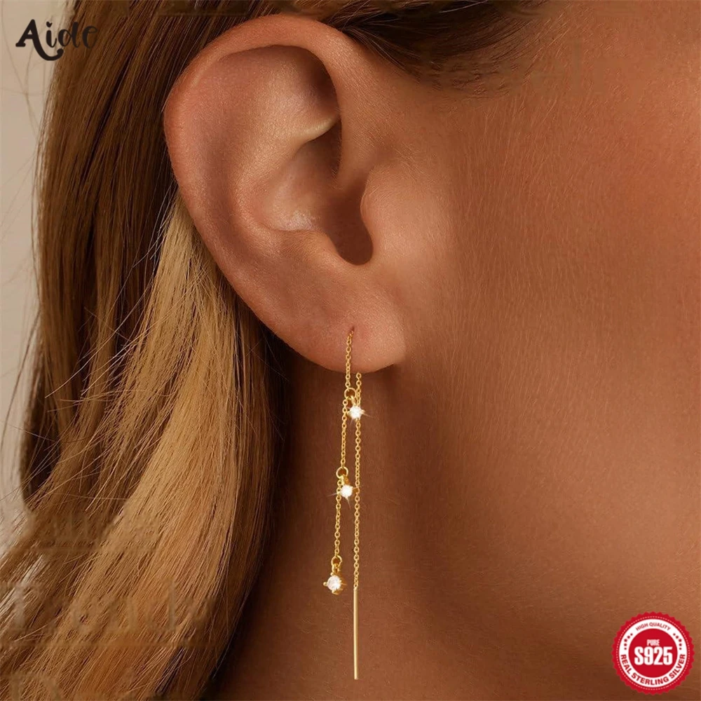 Aide 925 Sterling Silver 18K Gold Color Wire Tassel Chain Bling Zircon Pendants Earrings Hanging Female Stud Jewelry Pendientes