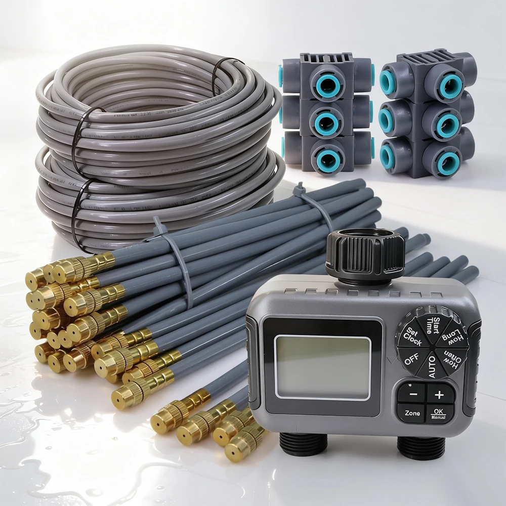 Independent Dual-zone LCD Smart Display Gardening Watering Timer Atomization Spray Kit Mist Cooling System Irrigation Controller