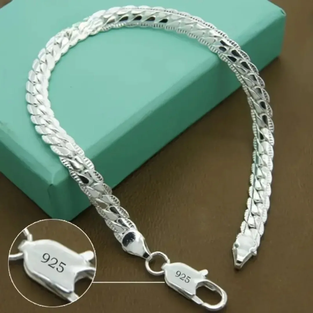 925 Silver Bracelet 6mm 18/19/20cm Flat Side Chain Lobster Clasp Bracelets for Woman Man Wedding Engagement Jewelry Gifts