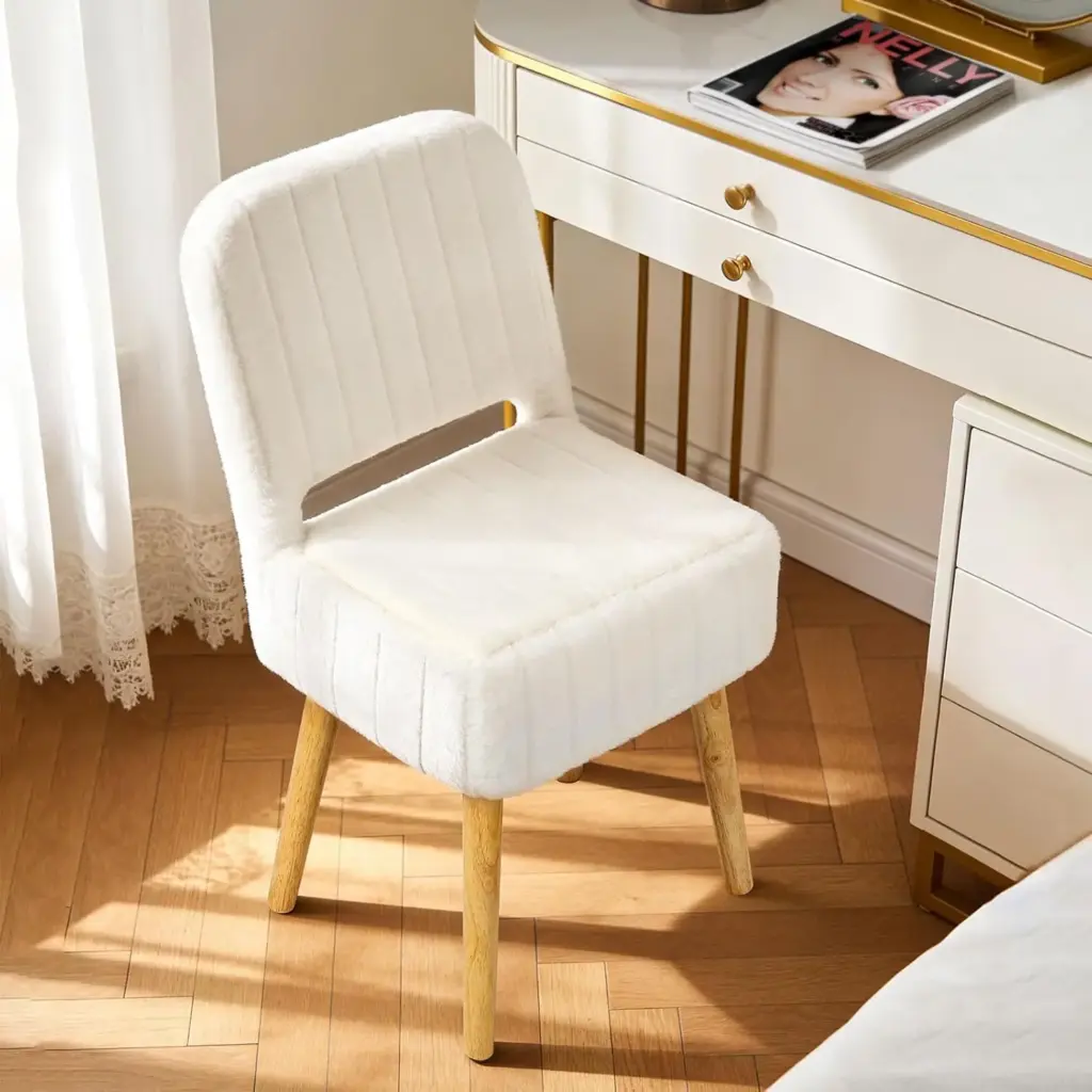 Vanity Stool with Storage,White Faux Rabbit Fur Small Makeup Chair for Teenager,Storage Ottoman with Folding Back,Modern