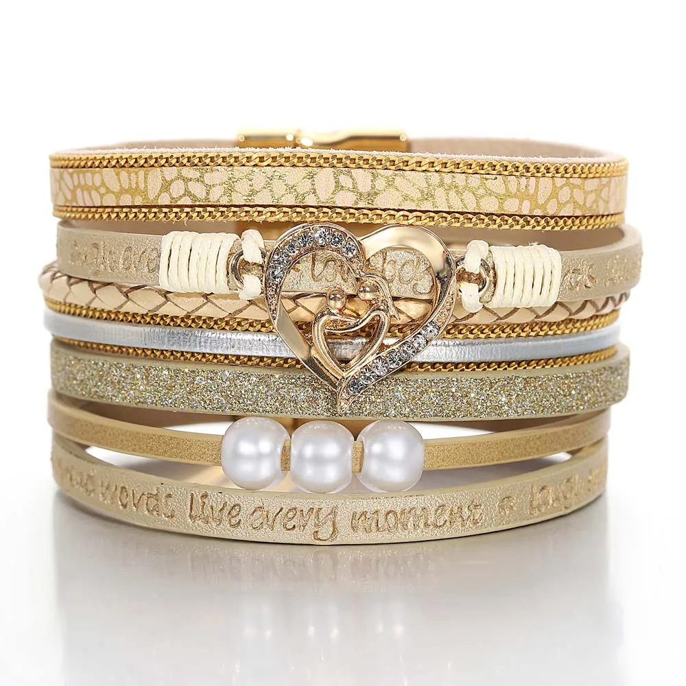 Amorcome Layered Wrap Bracelet Pearls Love Heart Charm Leather Womens Ladies Bracelet Magnetic Clasp Jewelry Mothers Day Gift
