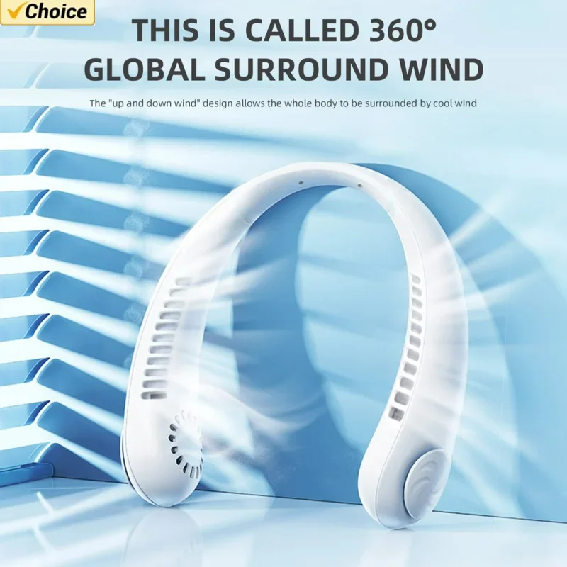 2026 Long endur New Mini Neck Mounted Fan Portable Bladeless Neck Rechargeable Air Cooler 3 Speed Mini Summer Sports Fan Outdoor