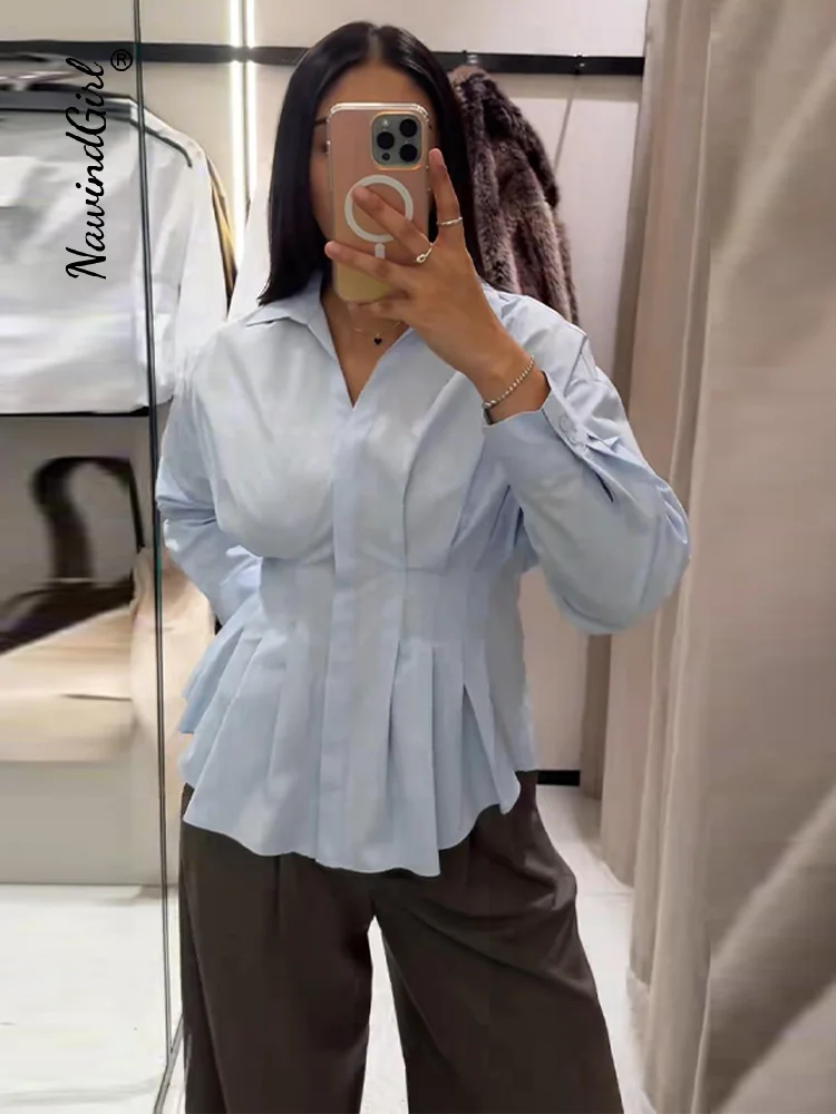 Solid Pleated Shirts Women Casual Full Sleeve Waist-slim Turn-down Collar Blouse Female 2026 Spring Summer Fashion Tops Lady