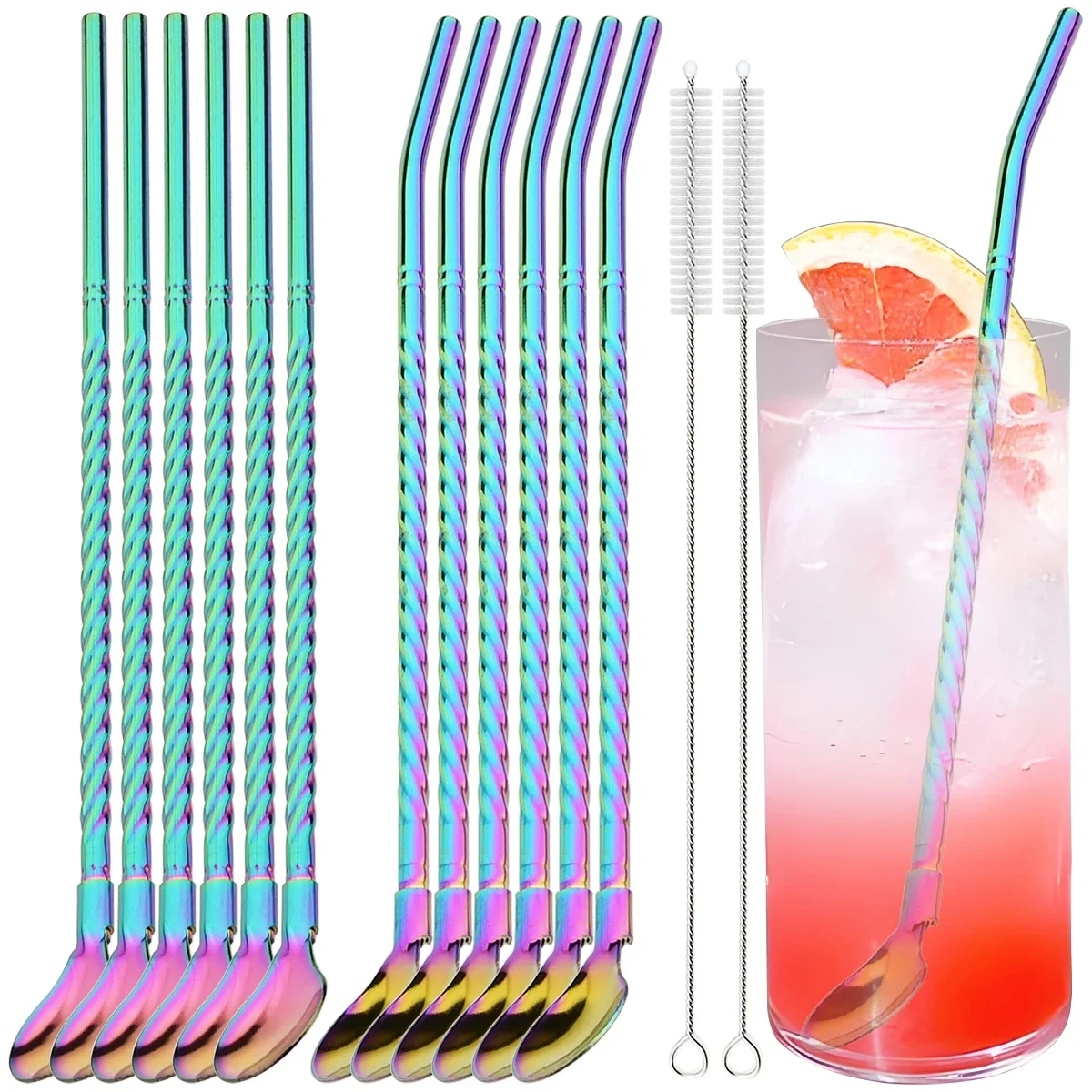 12pcs 2-in-1 Metal Straw and Spoon Set Stainless Steel Straw with Brush Reusable Straws for Cocktails Milkshake Juice Coffee Tea