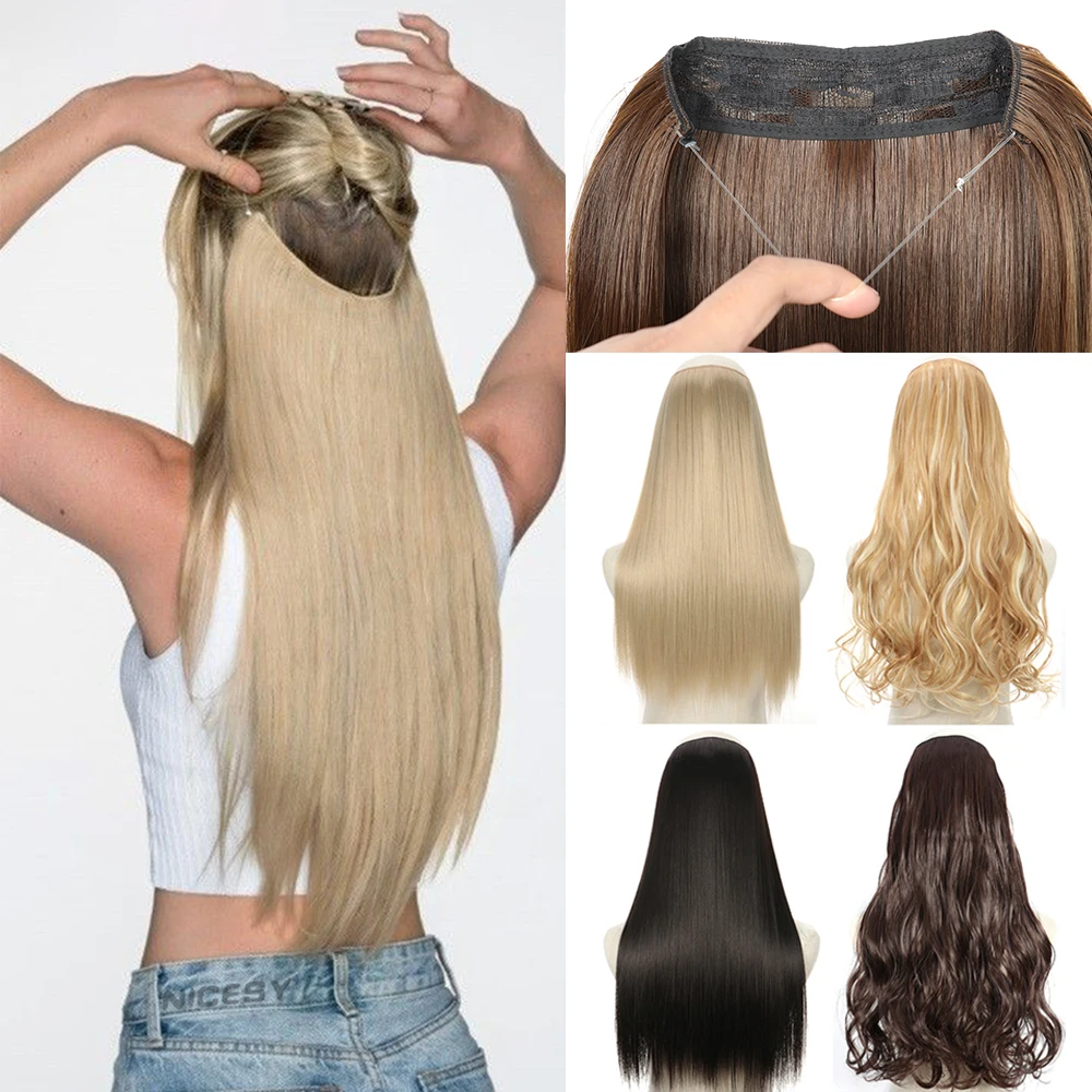 No Clips Natural Hair Extension Synthetic Hair Long Straight Hairpiece Blonde Black Mixed Color False Hair Piece For Women