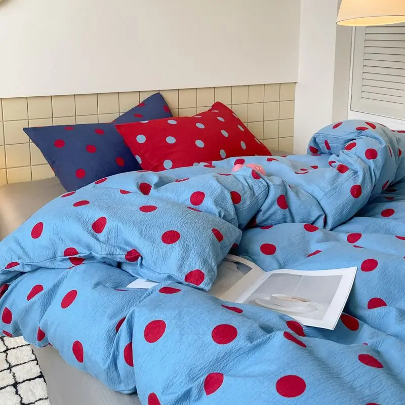 Polka Dot Bedding Set Blue Red Dots With Pillowcases Fitted Sheet For Teen Girls Women Cozy Bedroom Decor Full Queen Size