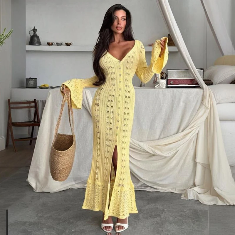 Tornova Fashion Hollow Knitted Dress For Women Flared Long Sleeve Casual Vacation Maxi Dress New Summer Buttons Dress Knitwear