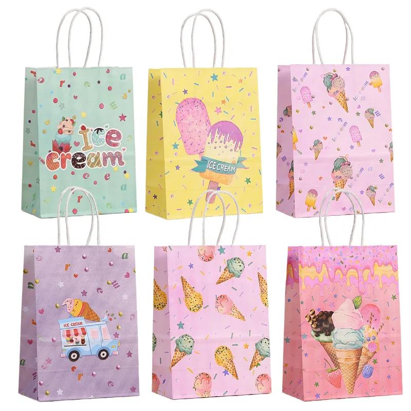 6Pcs Ice Cream Theme Paper Gift Packing Bag Summer Desserts Candy Cookie Bag for Kids Girl Birthday Baby Shower Party Decoration