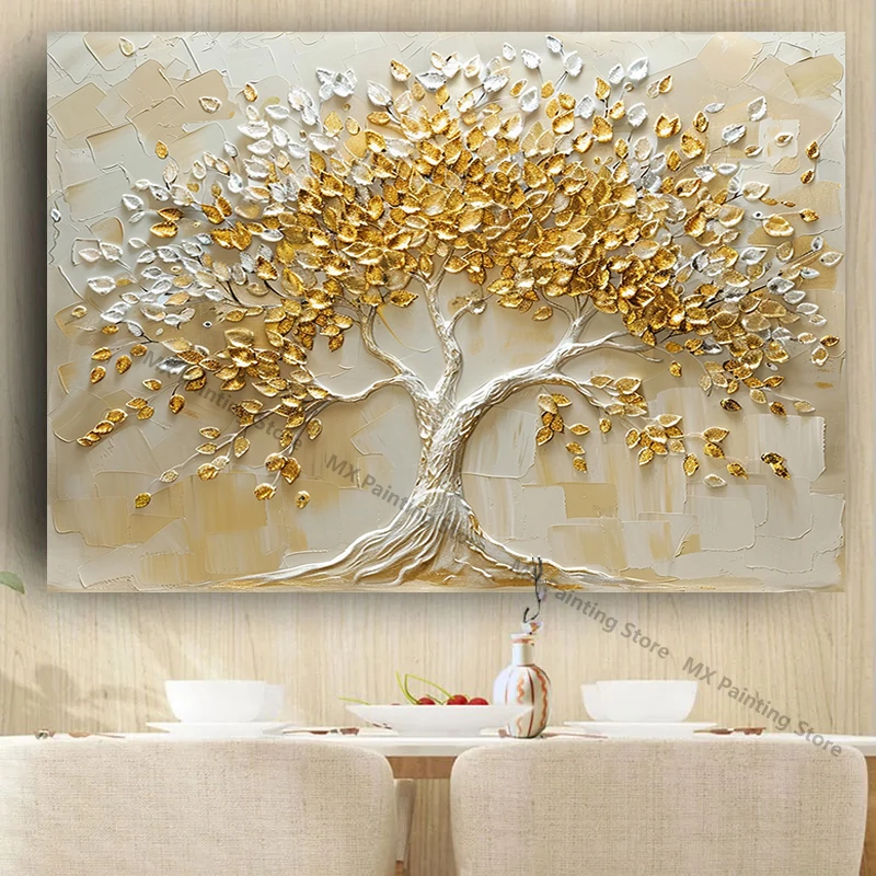 Gold Tree Landscape Oil Painting On Canvas,Posters,Abstract Textured Tree Wall Art Living Room Decor, Unframed Pictures