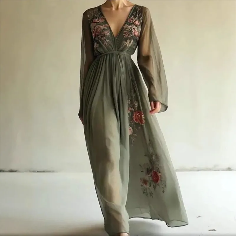 2025 Vintage Pattern Printed High Waist Robe Dress Casual Women New Sexy V-neck Long Sleeve Bohemian Maxi Women Party Dress Robe