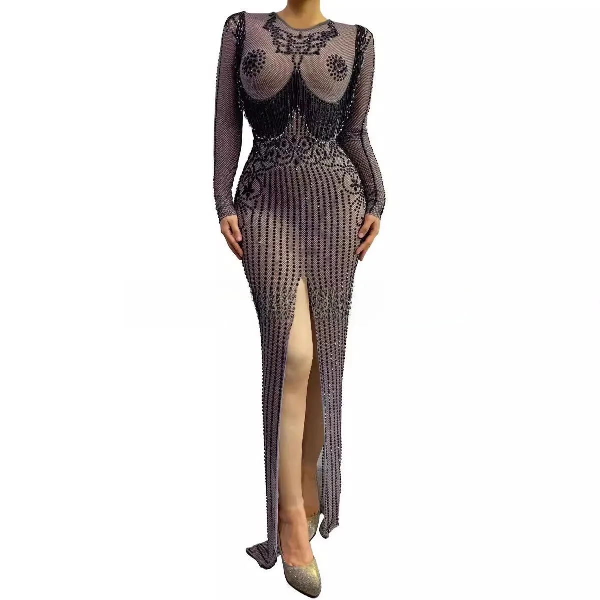 Sexy See-through Full-drilled Dance Team Performance Costume Black Fence Cross-border DJ Bar Nightclub Female Singer Party