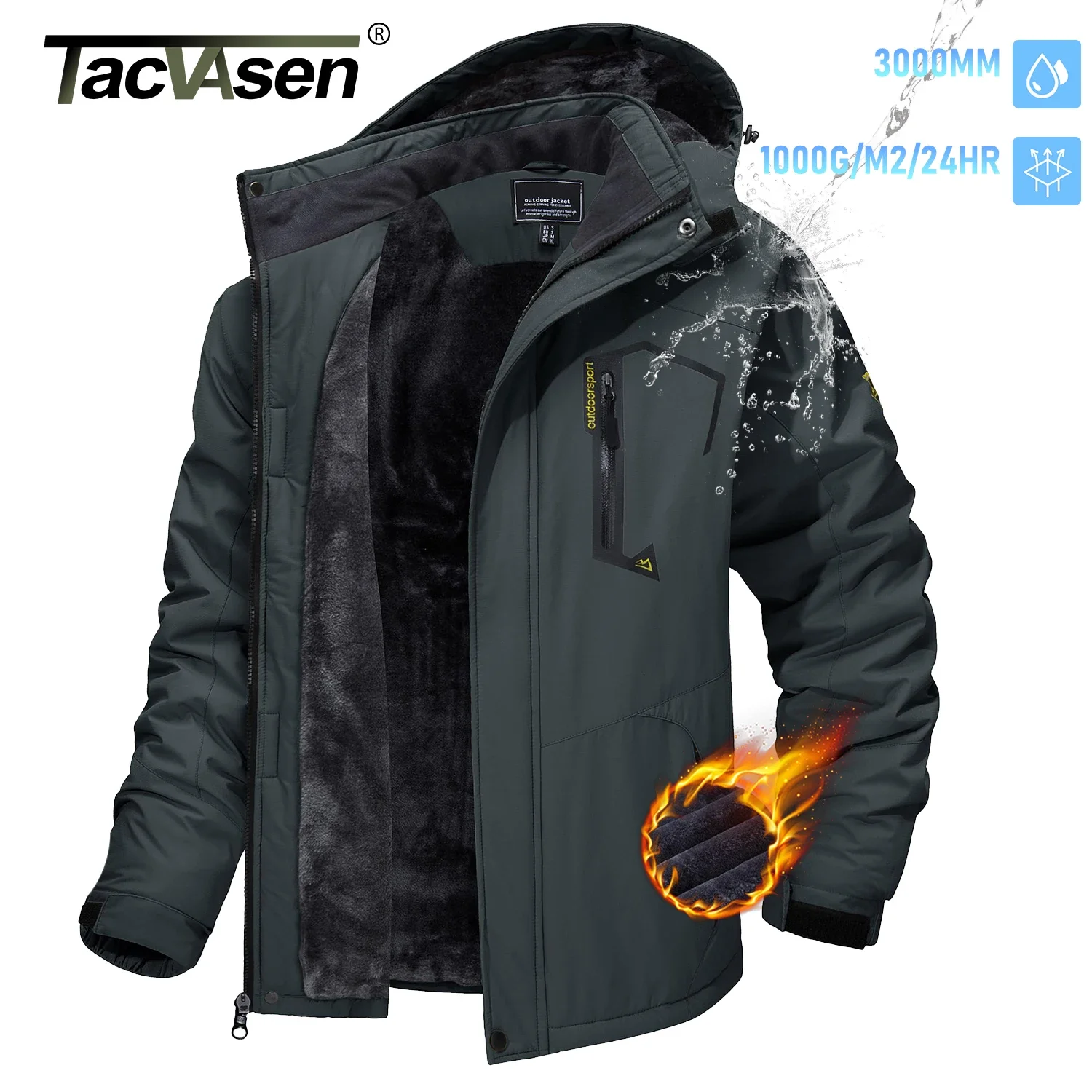 TACVASEN Men's Winter Ski Jackets Waterproof Fleece Coats Insulated Thermal Snowboard Jacket Parka Raincoat with Hood Man Parka
