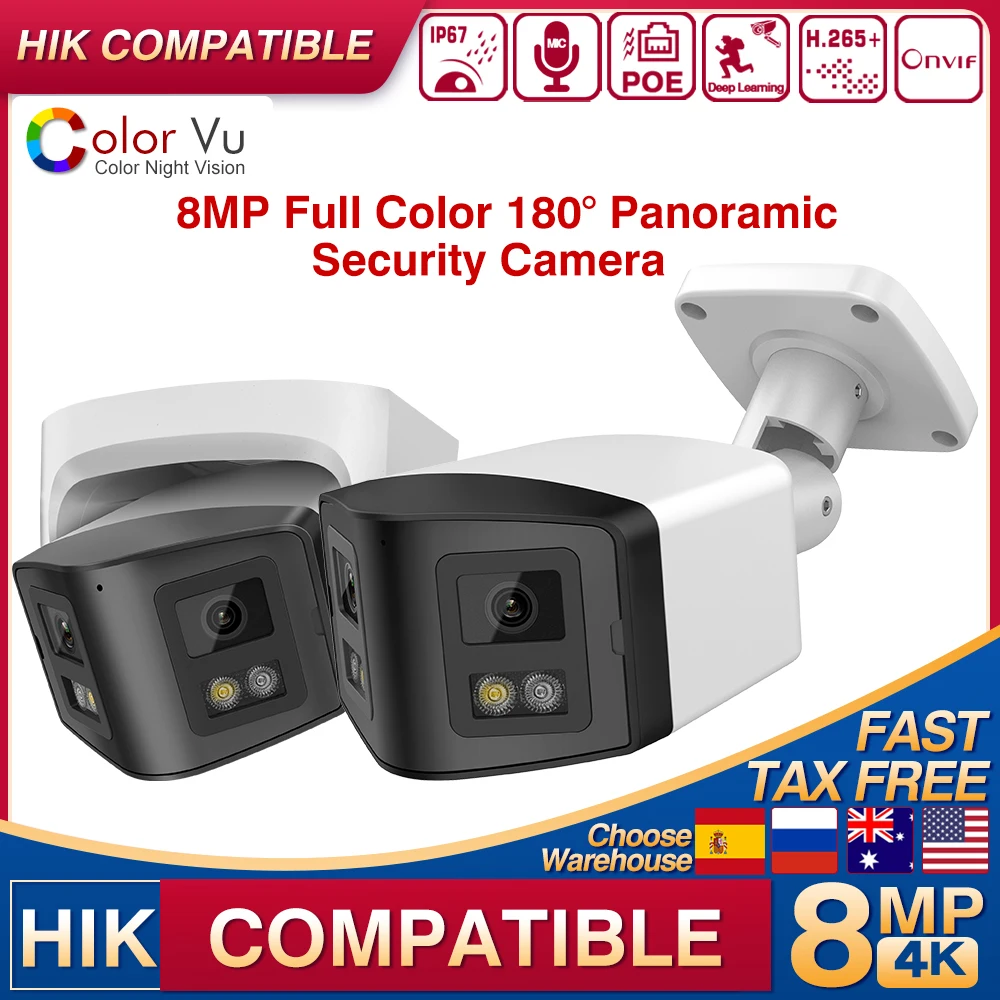 Hikvision-Compatibele 4K 8mp 2.8mm Lens 170 ° Panoramische IP Camera Md2.0 Tweerich tingsges prekken Thuis CCTV Poe camera