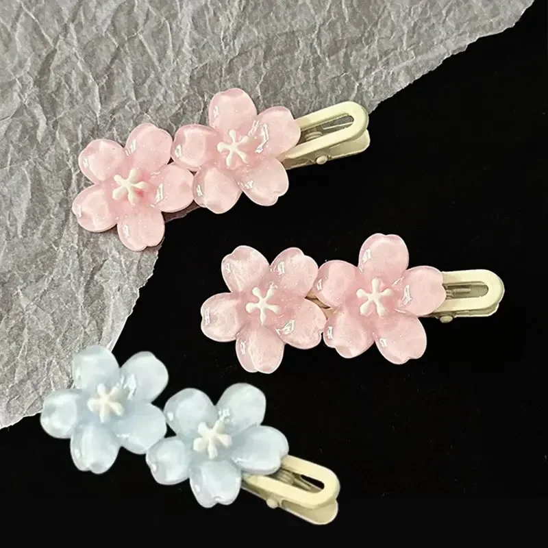 Jelly Cherry Blossom Hair Clips Pink Blue Flower Hairpins for Girl Romantic Wave Side Bangs Barrettes Kawaii BB Hair Accessories