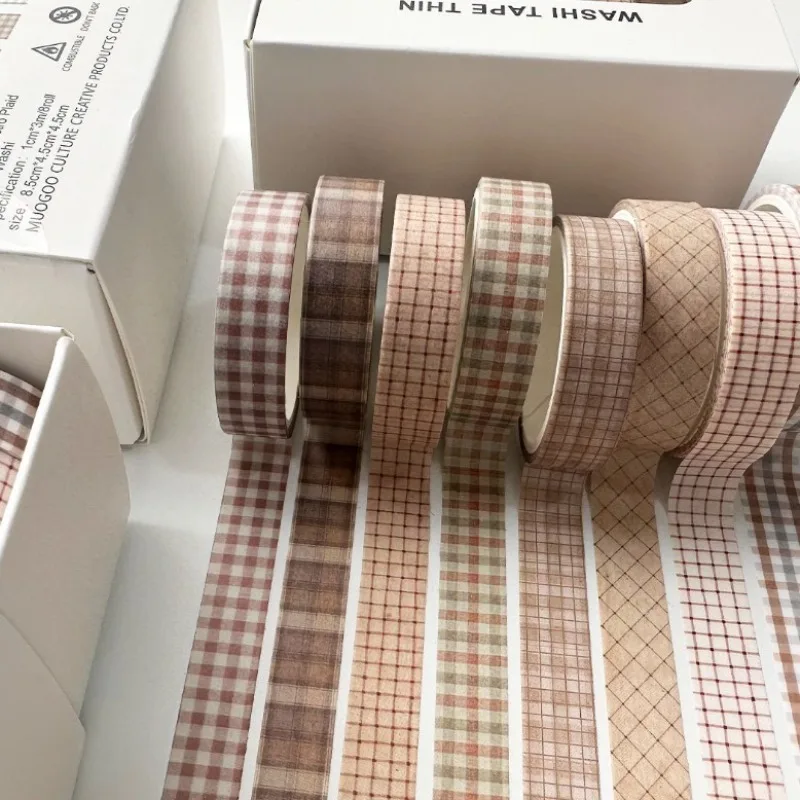 8Pcs Retro Washi Tapes Scrapbooking Supplies Vintage Decorative Adhesive Grid Masking Tape Diary Decoration Stickers for Art DIY