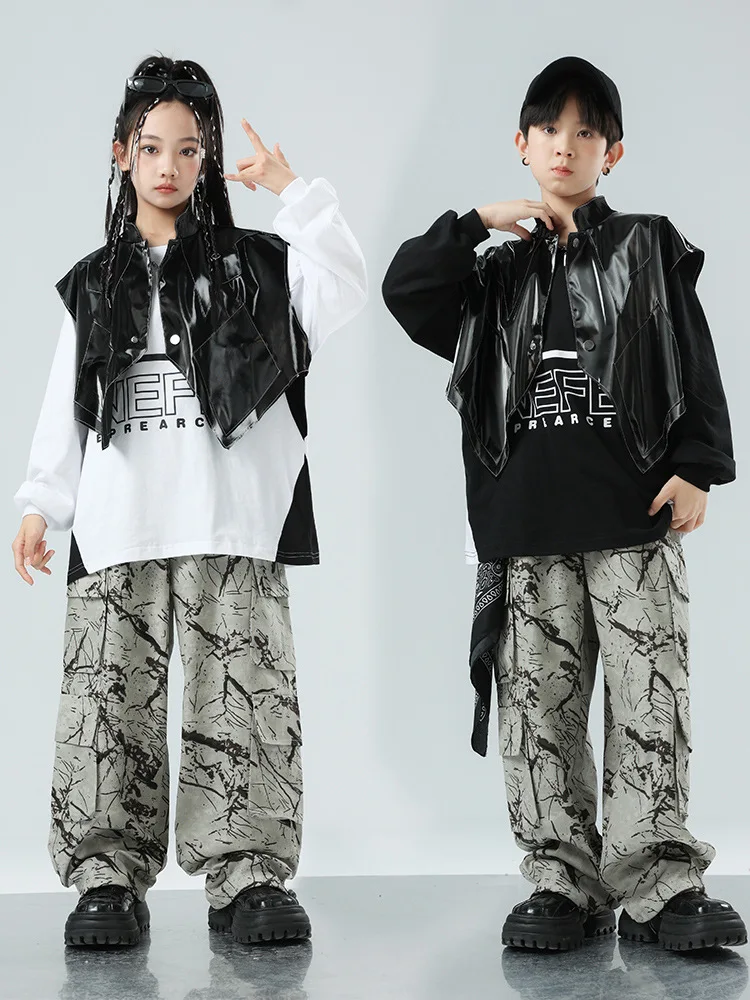 Kid Hip Hop Clothing Black Bat Vest Sweatshirt Top Branch Print Casual Cargo Pants for Girl Boy Jazz Dance Costume Wear Clothes