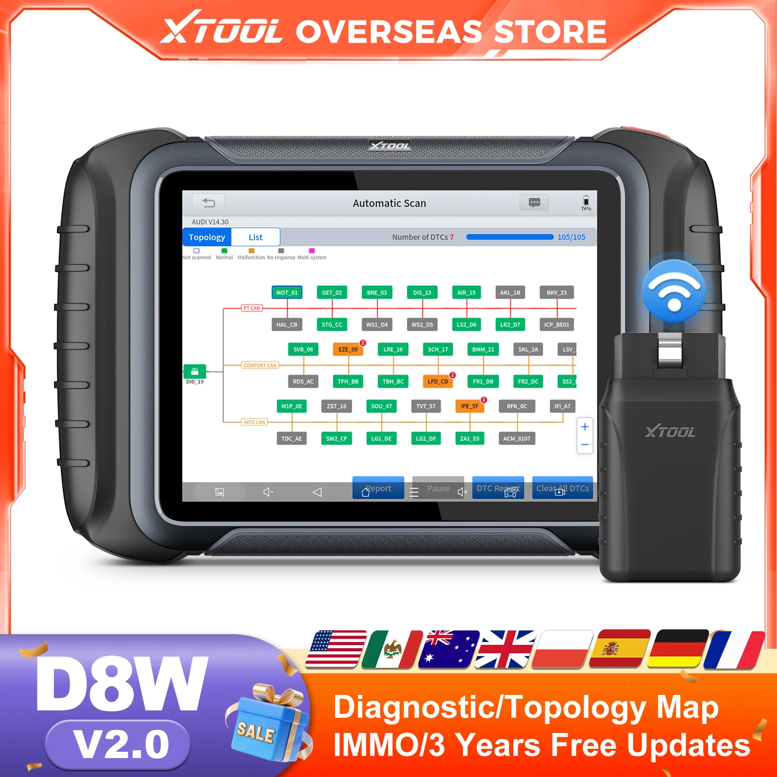 XTOOL D8W BT V2.0 OBD2 Diagnostic Tool ECU Coding VAG Guided Bluetooth Automotive Scanner Topology with 42+ Reset CANFD&DOIP&FCA