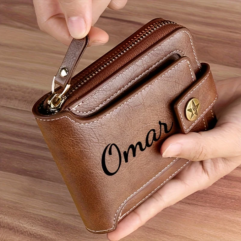 Custom Name Men's Wallet Gift Stylish Brown Faux Leather Engraved Purse Personalized Decorative Durable Card Holder Coin Pocket