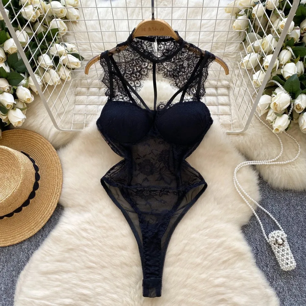 Hotsweet Vintage Hollow Hook Flower Lace Elegant Sleeveless Bodysuits Stand Collar Top Sexy Beach Vacation High Street Jumpsuit