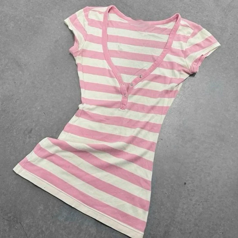 Japanese Y2k Pink Stripe V-collar Short-sleeved T-shirt Summer New Subculture False Two Women's Tees Sweet Spicy Slim Blouse Top