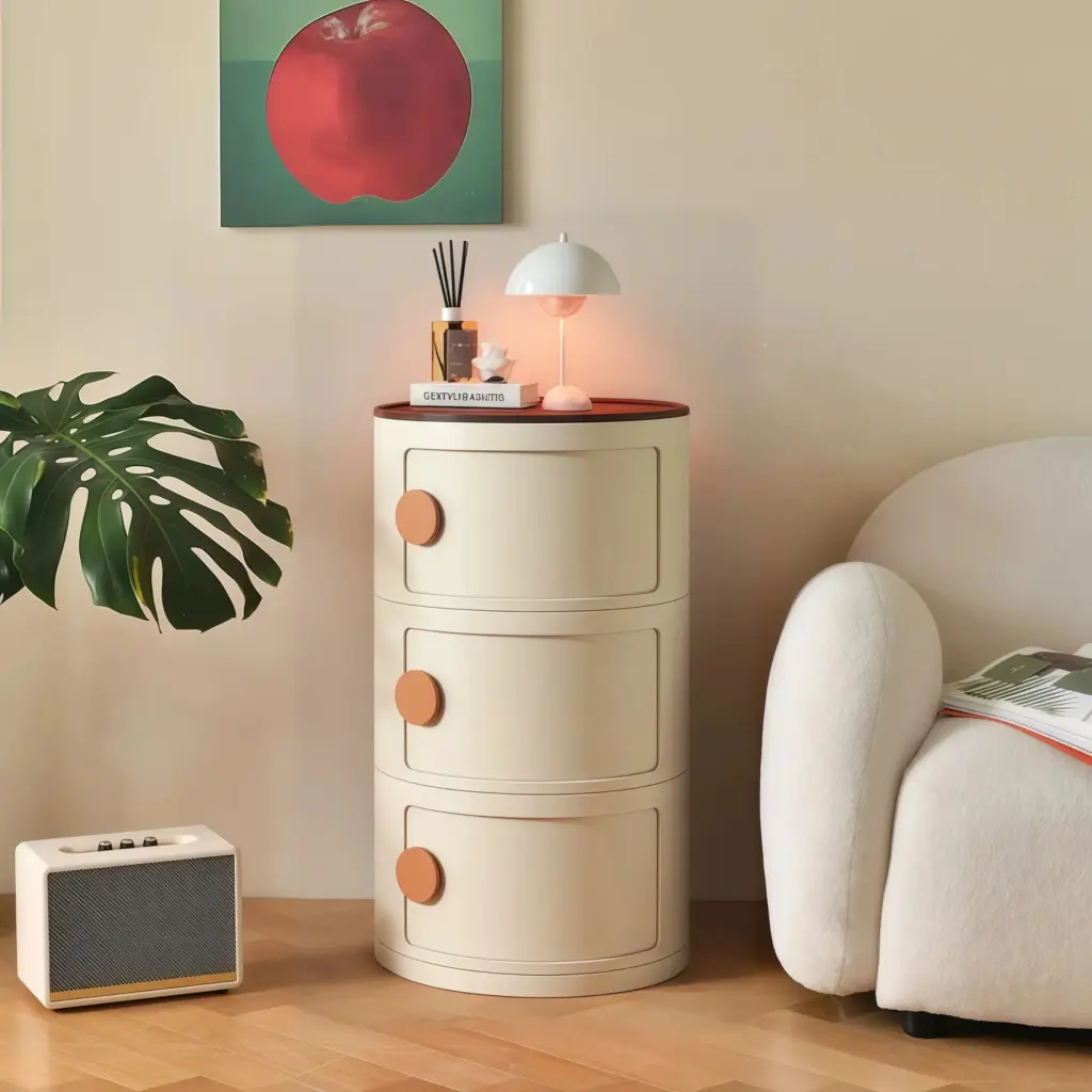 Round Nightstand with Drawers, Nordic-style Plastic Bedroom Side Table, Bedside Storage Cabinet, Portable Nightstand Furniture
