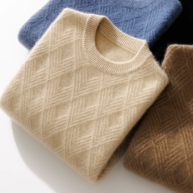 Autumn and winter round neck 100% wool sweater men's sweater with knitted warm base sweater, high-end top