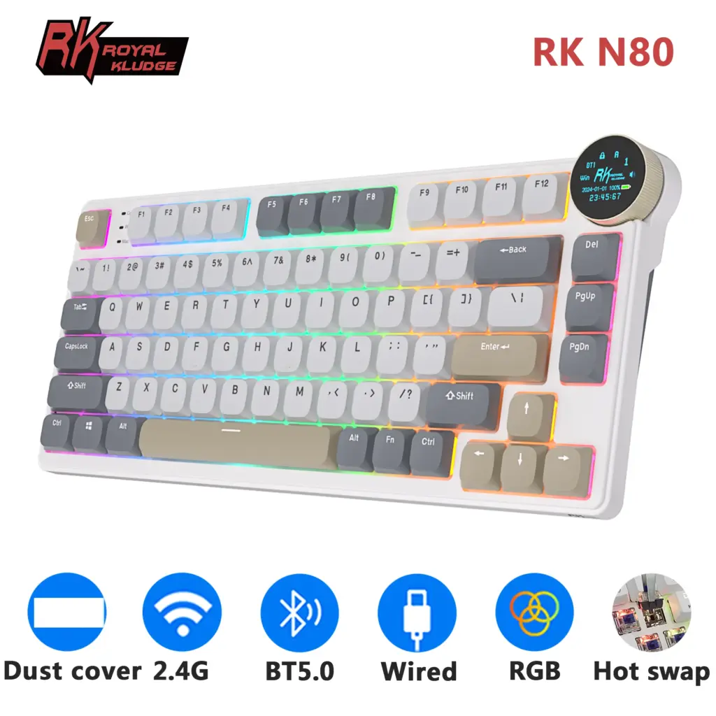 Royal Kludge RK N80 Low Profile Mechanical Keyboard Wireless Bluetooth 2.4G Wireless With 80 Key 80% RGB Backlit TFT Screen