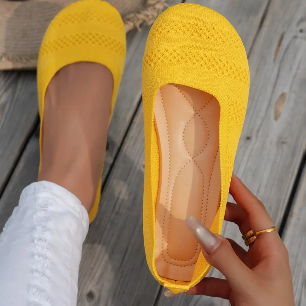 Women Round Toe Flats Shoes Solid Color Knitted Slip on Sneakers Woman Casual Breathable Ballet Mesh Loafers Zapatos De Mujer