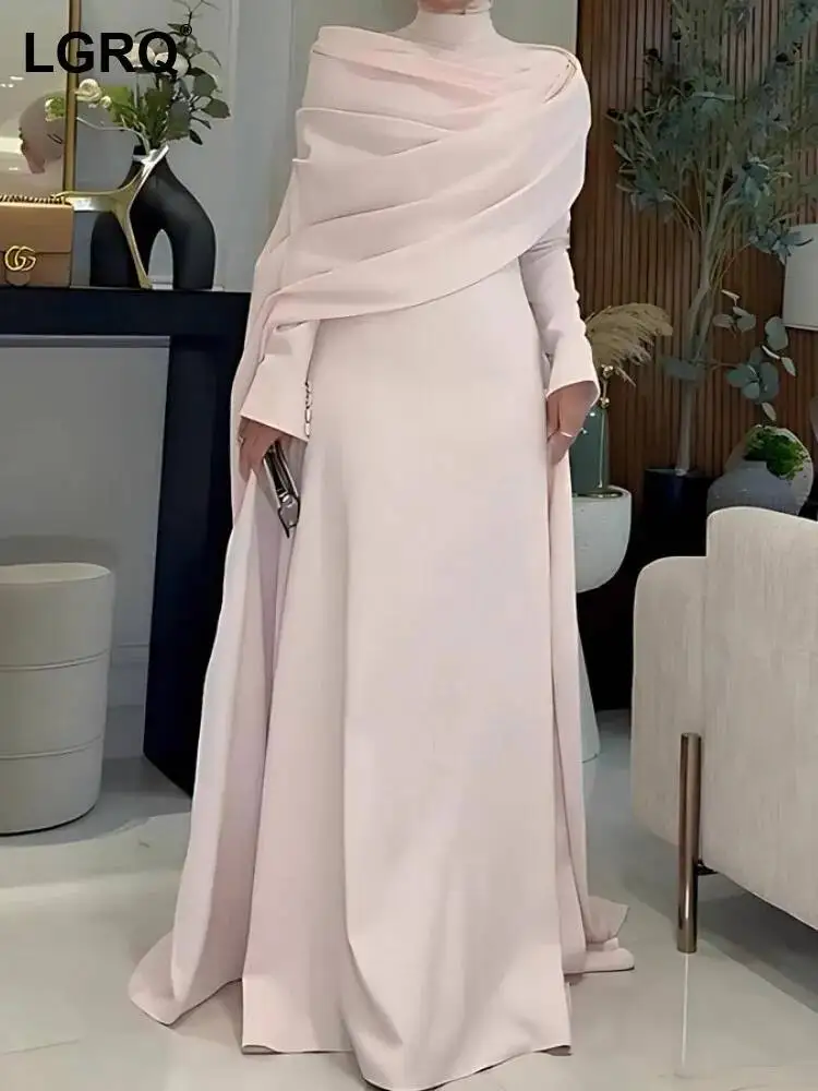 LGRQ 2026 new spring Autumn Women's Sexy Pleated Small Tail Evening Dress sweet color asymmetrical floor length vestido