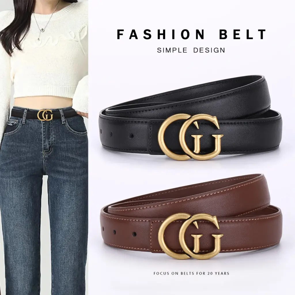 Women's leather belt with smooth buckle; simple and fashionable business belt for men; versatile belt for trousers