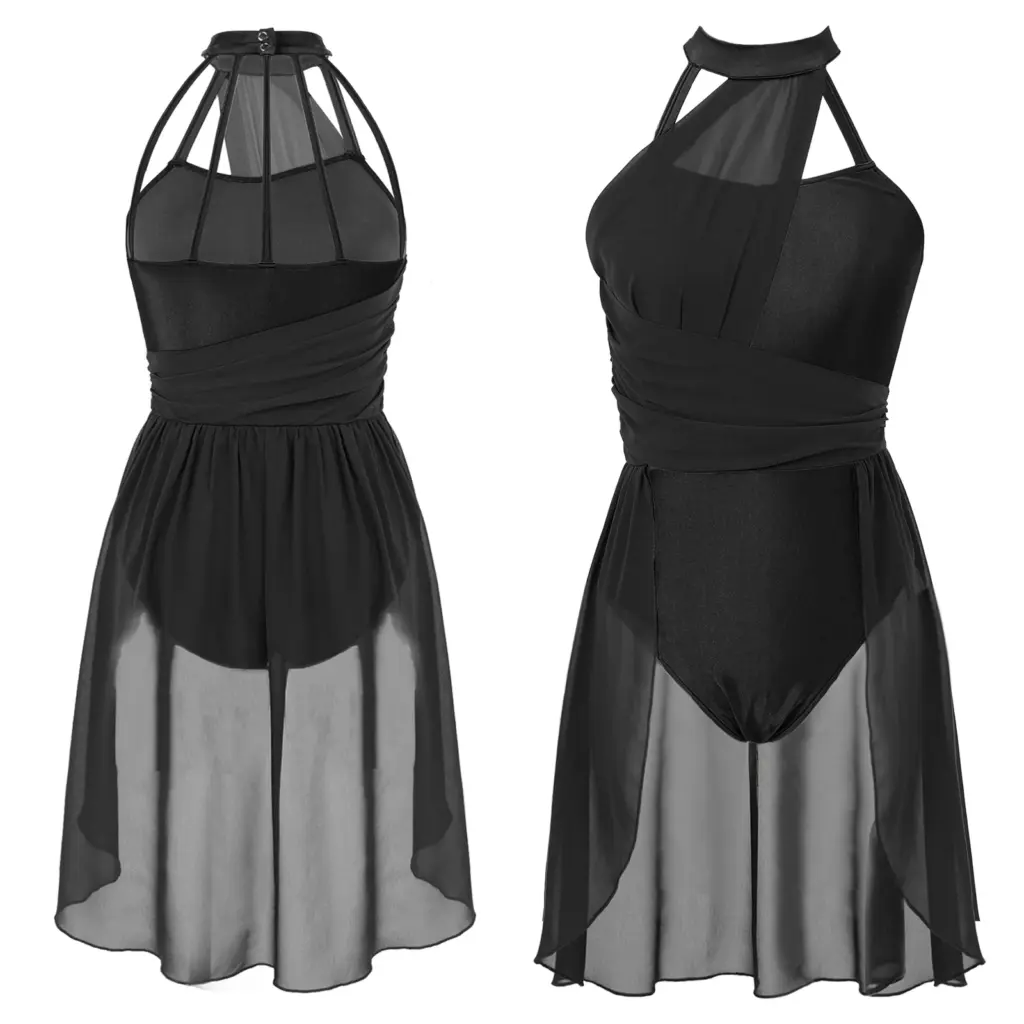 Womens Sleeveless Ballet Lyrical Dance Dress Chiffon Hollow Contemporary Dancing Leotard Dancewear Stage Performance Costume