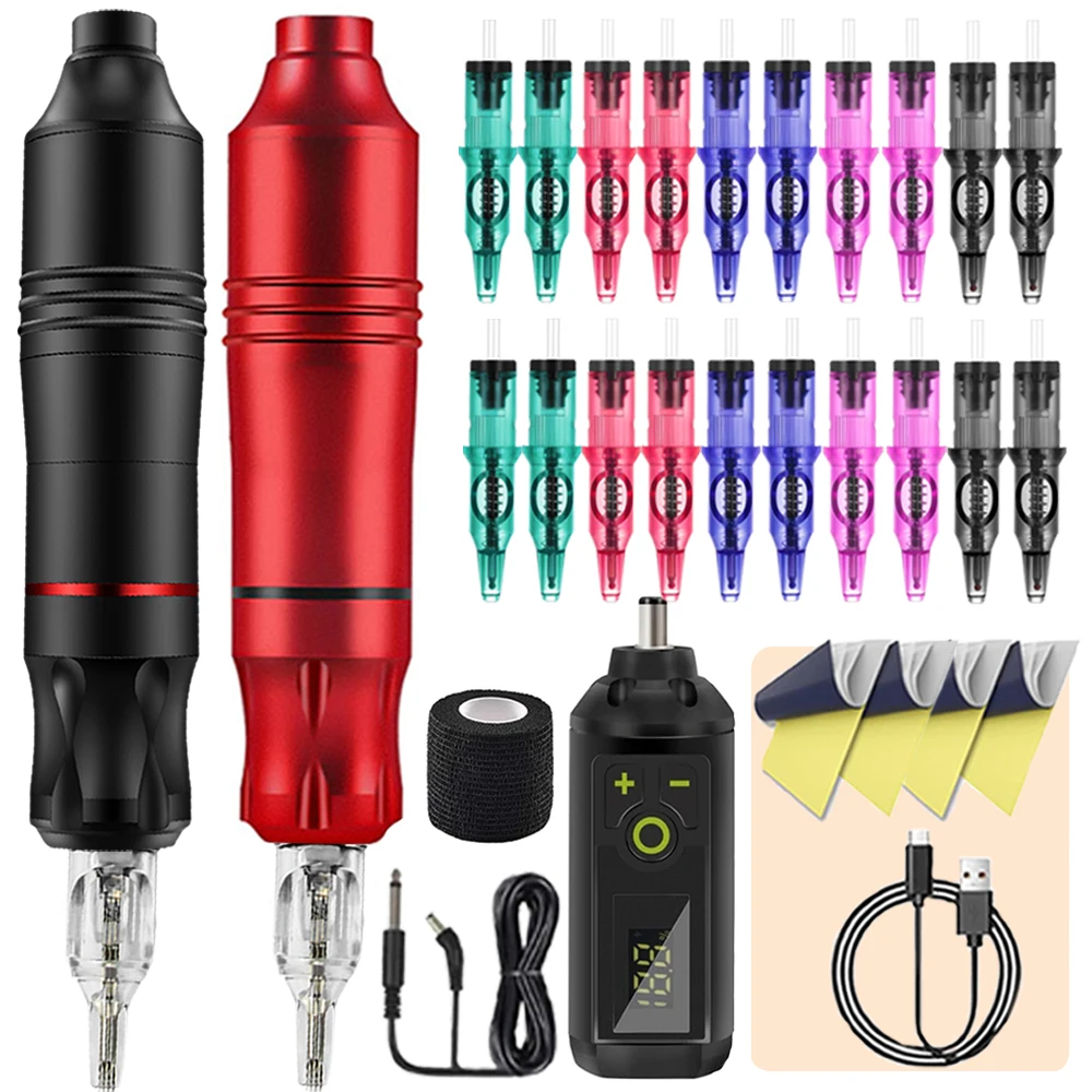 Wireless Tattoo Machine Pen Kit Rotary Tattoo Machine 20pcs Ballpoint Tattoo Cartridge Accessories Set for Tattoo Design Draw
