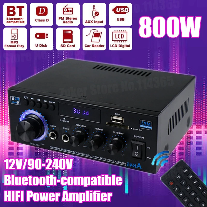 AK45/AK35 800W Home Power Amplifier 2 Channel Bluetooth 5.0 Mini Hifi Digital Stereo Sound Amplifier Support FM USB SD Mic input