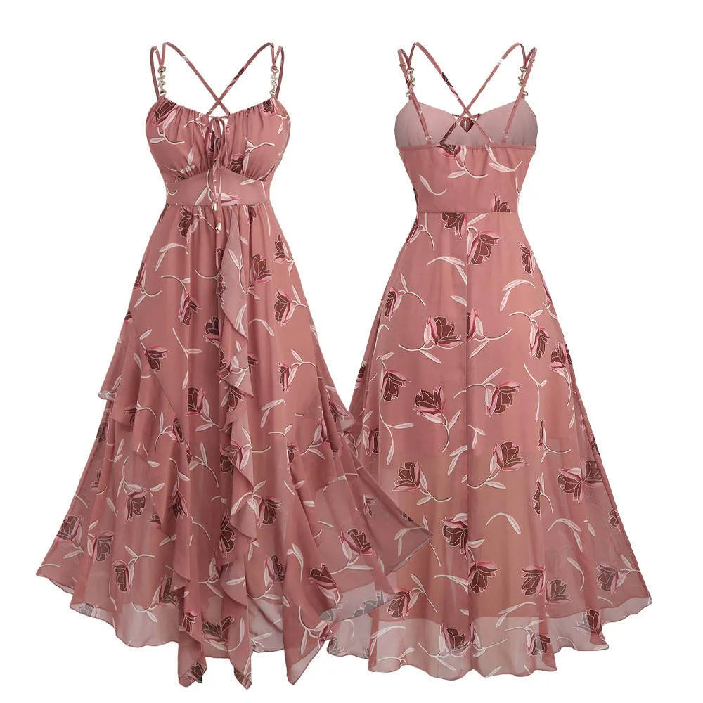 ROSEGAL Plus Size Crisscross Strappy Cami Dress Floral Print Butterfly Buckle Decor Ruffles Women's Summer Dress Light Pink 5XL