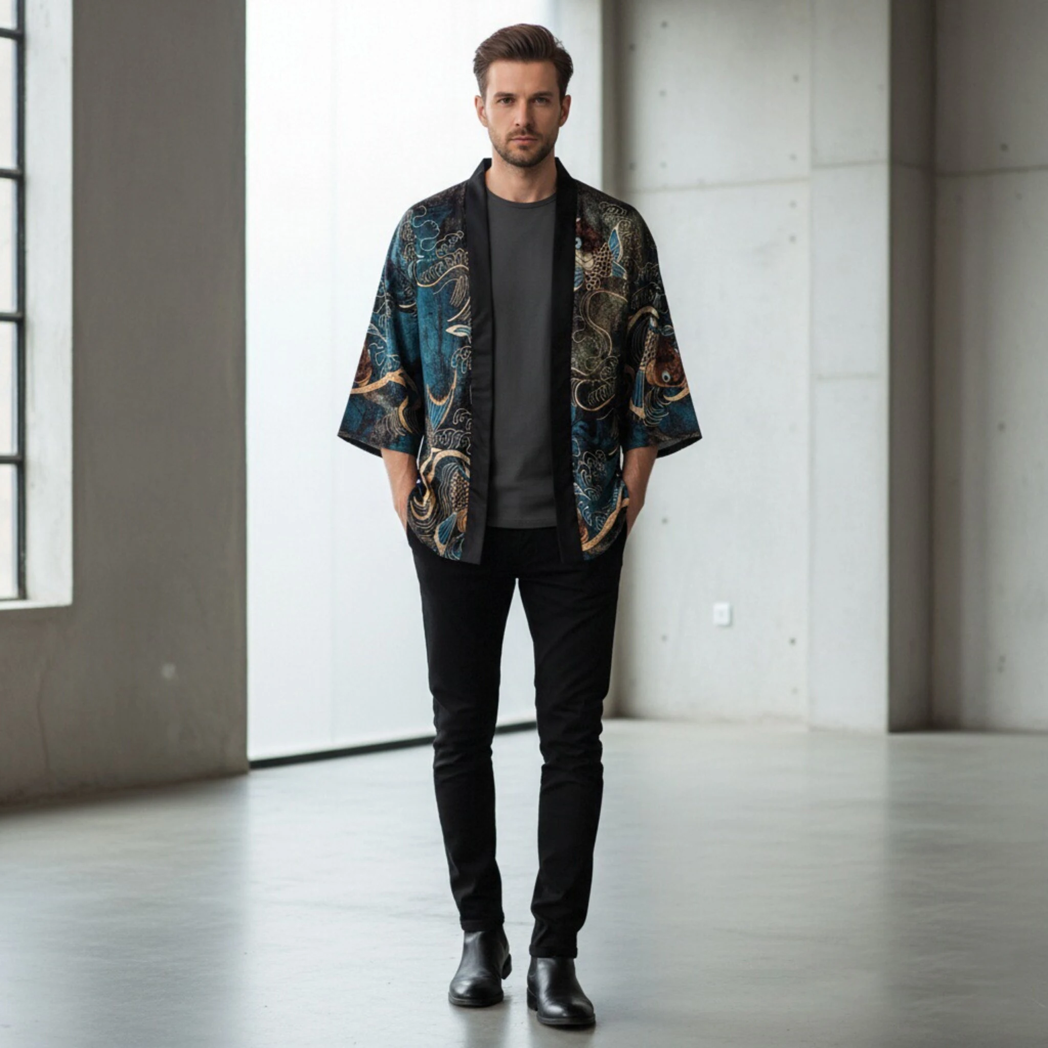 Retro Oriental Japanese Kimono Style Cape Seven Tenth Sleeves Cardigan Koi Fish Dragon Design Lightweight Unisex Daily Leisure