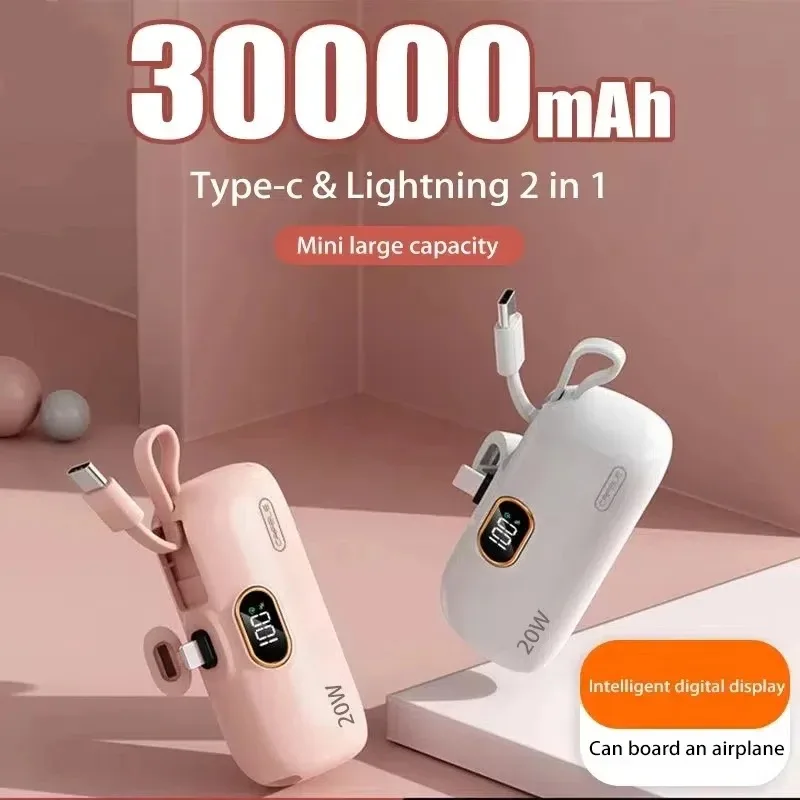 30000mAh Mini Portable Power Bank Capsule Mobile Power Supply Emergency External Battery Fast Charger For Type-c iPhone Samsung