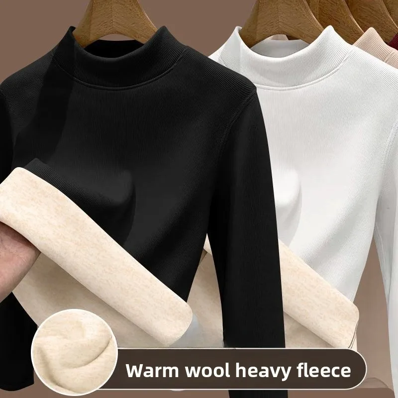 Women's Winter Lamb Fleece Base Shirt Tops with Thickened Fleece Heated Underwear Autumn Long Sleeved T-shirt Warm Clothes