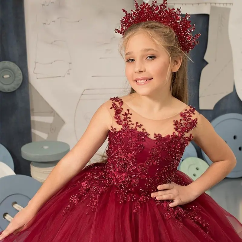 Red Flower Girl Dresses for Wedding Beaded Lace Appliques Floor Length Tiered Girl Kids Birthday Party First Holy Communion Gown