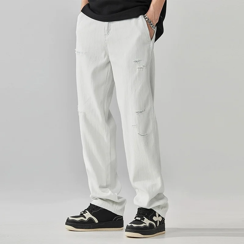 American casual and stylish high-end white ripped jeans, men's straight leg loose high street hanging versatile wide leg pants
