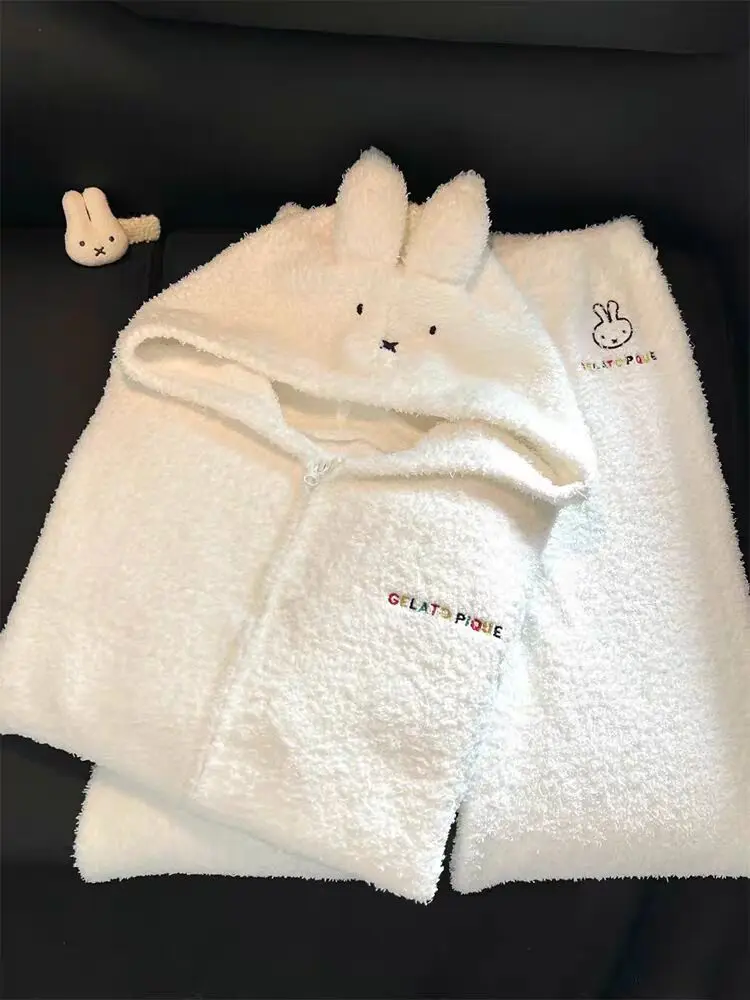 2025 New Rabbit f-Fce Women's Spwear Hooded Thiened Fce Lined Home Clothes Long Sve Zipper Cardigan Sle