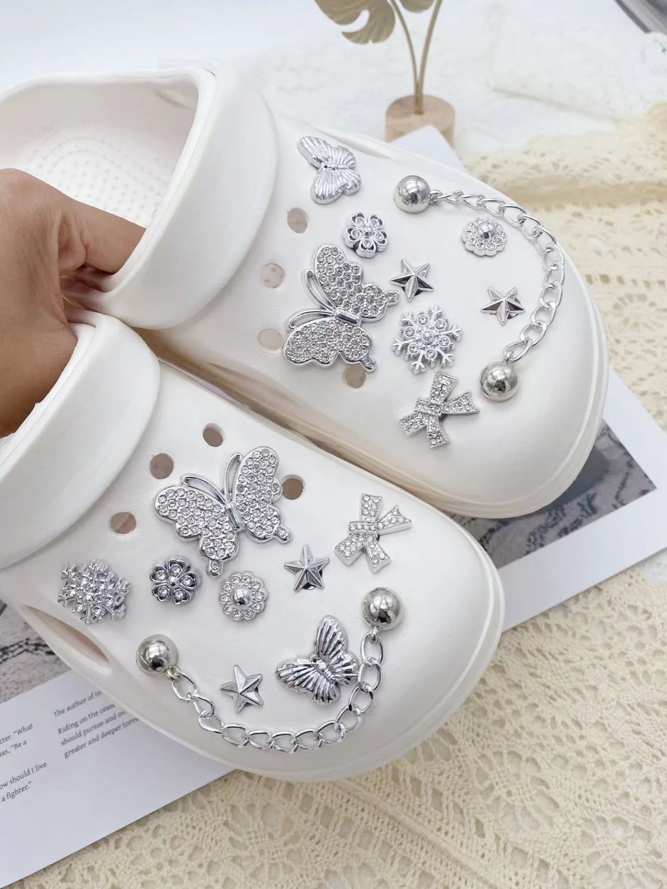 18 silver bead chains, butterfly, star, snowflake shoe buckle DIY decorations, multi-functional shoe clip accessories for women'