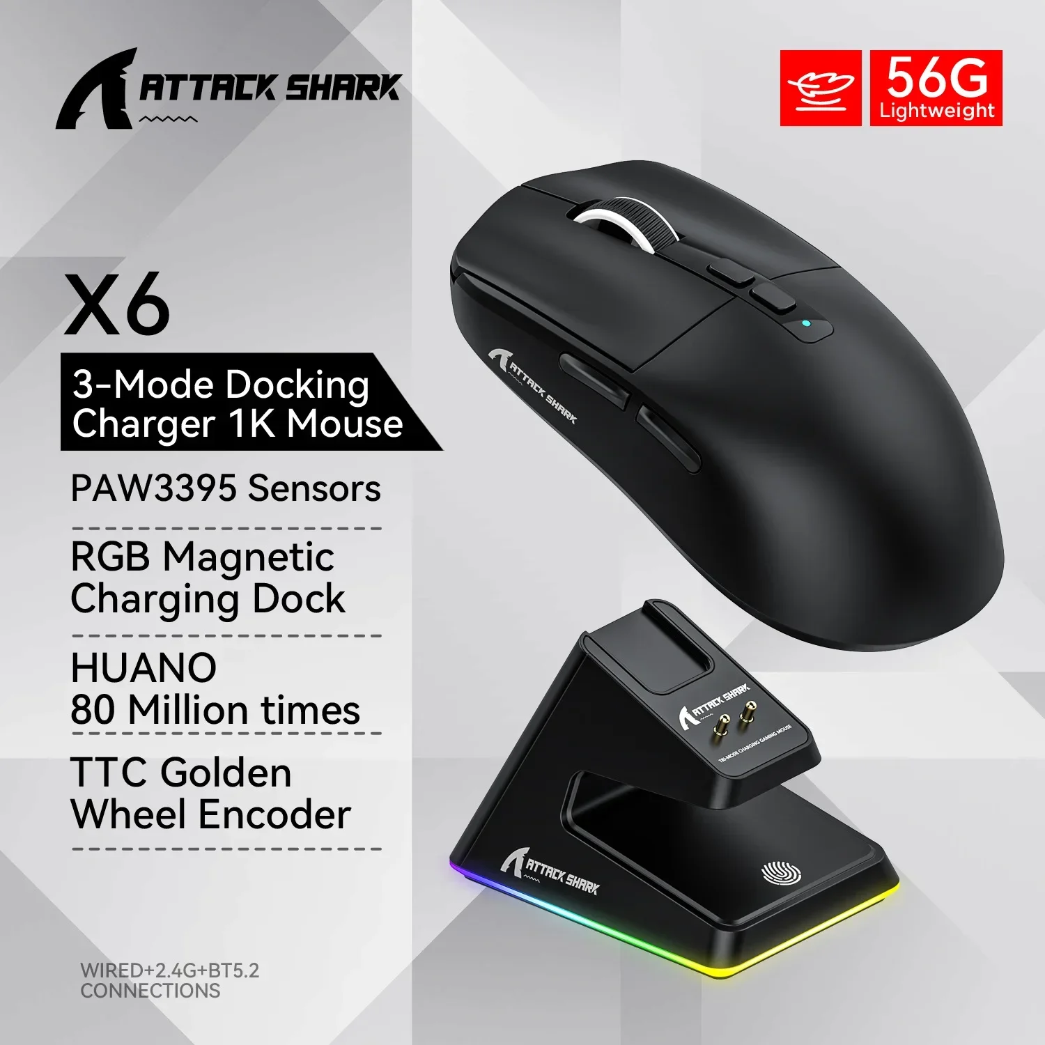 Attack Shark X6 Wireless Ergonomic Gaming Mouse Adjustable DPI Wired 2.4G/Bluetooth High Precision Rechargeable Mice