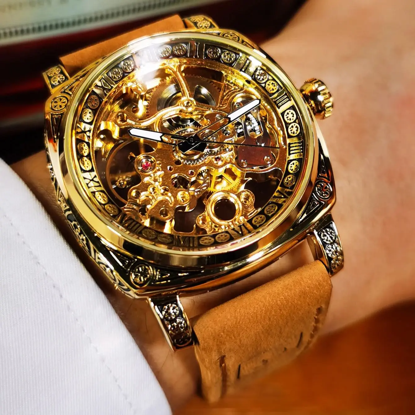 Forsining Royal Retro Skeleton Automatic Mechanical Watch for Men Leather Strap Business Casual Mens Watches Top Brand Gifts New