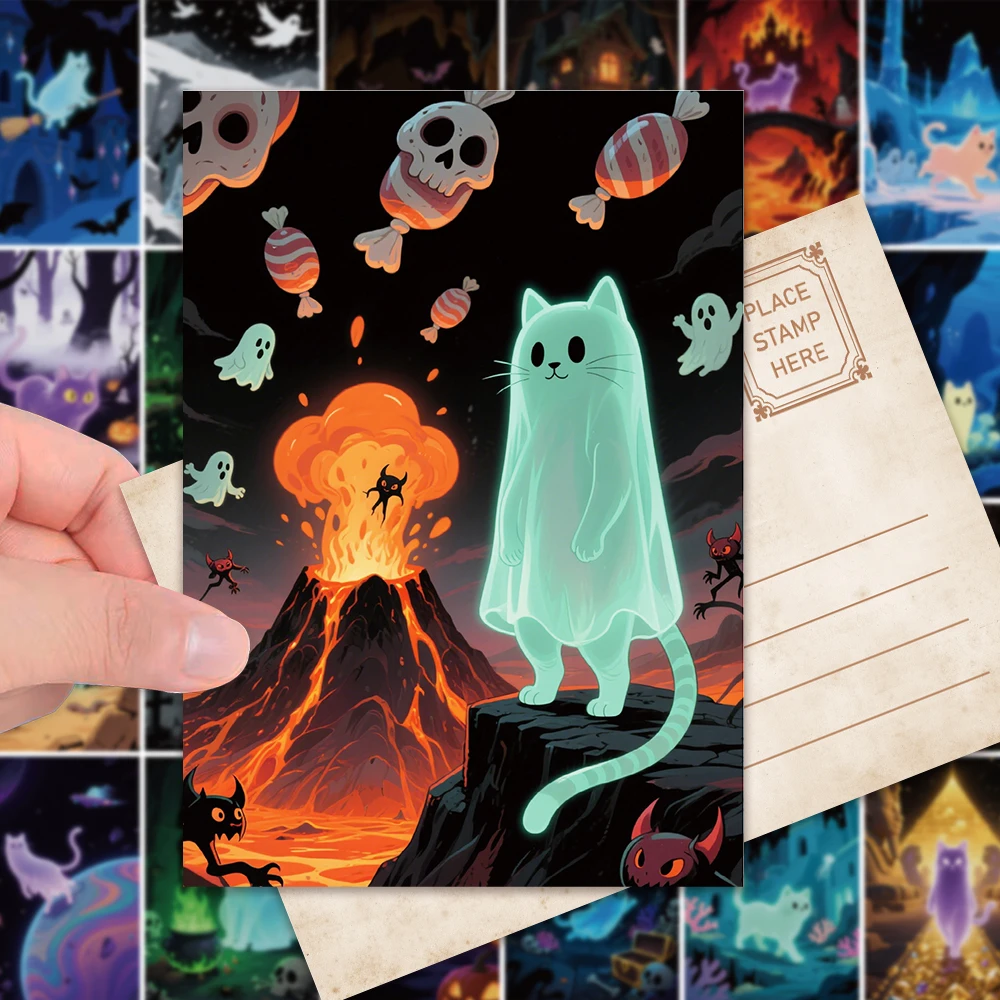 32pcs Halloween Postcards Set, Ghost Cat Design, High-Quality Cardstock, Perfect Gift for Home Decor & Holiday Celebrations