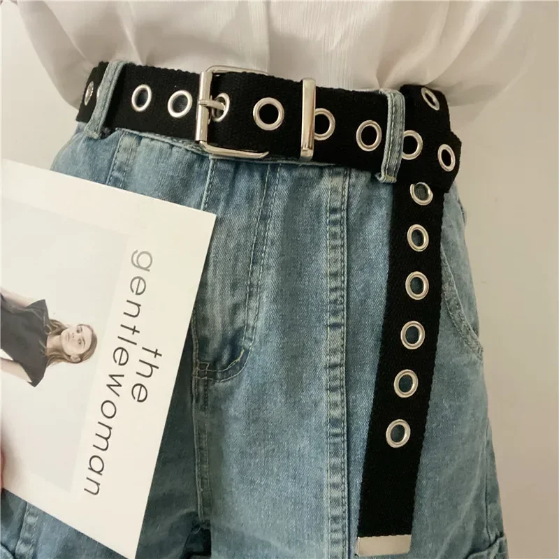 Long Personality Harajuku Casual Ring Black Metal Belt Students Jean Canvas Waist Belts Tide Silver Pin Buckle
