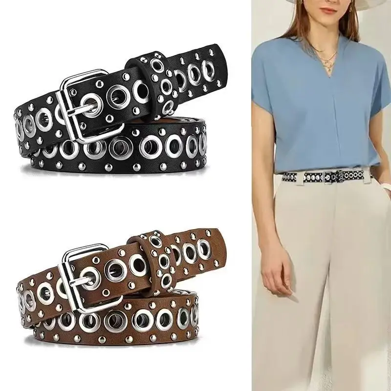 Women's punk-style belt with metal eyelets and rivets, fashionable and versatile, decorative with a high-end feel, pin buckle de