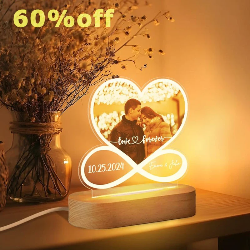 Personalized Couple Frame Acrylic Night Light Custom Photo Name LED Light USB Powered Bedside Desk Lamp Anniversary Gift