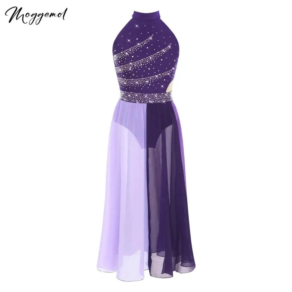 Kids Girls Modern Lyrical Ballet Dance Dress Sleeveless Shiny Rhinestones Figure Skating Side Split Chiffon Dress Dancewear