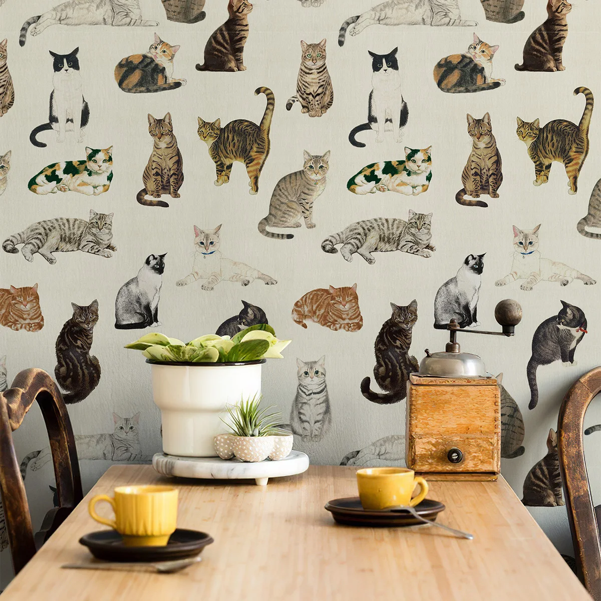 Yellow Cute Cats Peel And Stick Wallpaper Morden Waterproof Animals Vinyl Wall Stickers Chic Cute Living Room Wall Decoration
