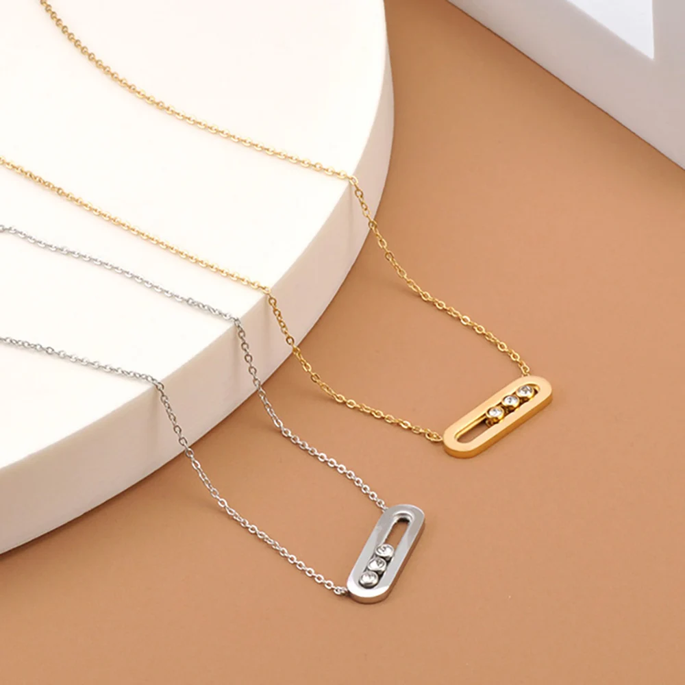 JeeMango Fashion Slidable Three Cubic Zirconia Pendant Necklaces for Women Stainless Steel Gold Plated Waterproof Jewelry N25018